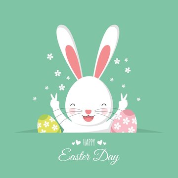 The happiness of Easter bunny with egg. flat design. White rabbit on a green background. Happy Easter!