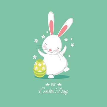 Easter bunny with egg. flat design. White rabbit on a green background. Happy Easter!
