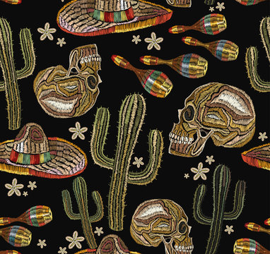 Human skull and maracas, cactus. Classical ethnic embroidery skull, day of the dead pattern. Embroidery mexican culture seamless pattern art. Clothes template, t-shirt design