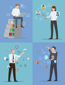Four Banners with Busy People Vector Illustration