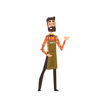 Friendly male barista with apron with arm out in a welcoming gesture, coffee shop cartoon vector Illustration on a white background