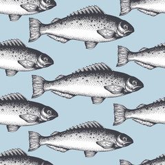 Hand drawn sketch seafood background. Vector seamless pattern with fish. Vintage trout illustration. Can be use for menu or packaging design. Engraved style. Retro salmon illustration.
