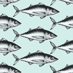 Hand drawn sketch seafood background. Vector seamless pattern with fish. Vintage tuna illustration. Can be use for menu or packaging design. Engraved style. Retro salmon illustration.