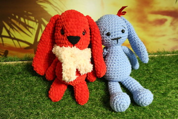 Funny amigurumi toy rabbits