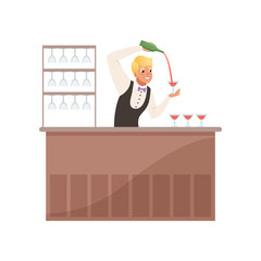Cheerful bartender at the bar counter pouring alcohol drink from bottle, barman character at work cartoon vector Illustration on a white background
