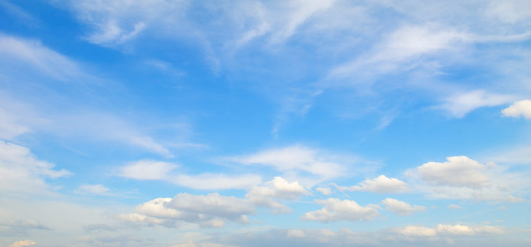 Cumulus clouds in the blue sky. Wide photo.