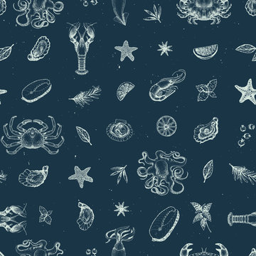 Seafood vector seamless pattern for restaurants, emblem, packaging. Hand drawn image. Retro illustration. Dark background.
