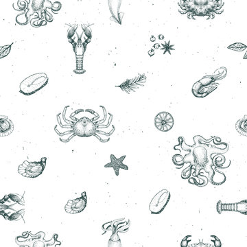 Seafood vector seamless pattern for restaurants, emblem, packaging. Hand drawn image. Retro illustration. Dark background.