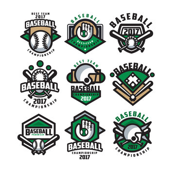 Collection of colorful baseball logos. Labels with balls, gloves, bats and protective helmets. Linear sports emblems. Flat vector design for team badge