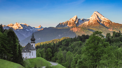 Panoramic view of Maria Gern church with snow-capped summit of Watzmann mountain