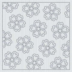 Japanese needlework. Sakura flowers. Sashiko frame for handiwork. Spring cherry backdrop. Floral background. Quilting motif. Pattern fills. For decoration or printing on fabric.