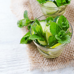 Cucumber lime mint fresh infused water detox drink cocktail lemonade