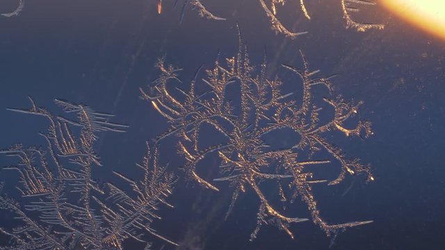 Snowflakes on the window in supermacro shooting. They are highlighted by the sunset. Real real snowflakes shot very close.