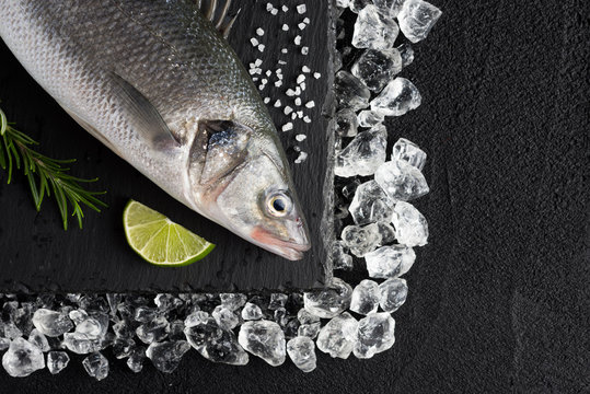 Fresh bass fish on ice on a black stone table top view