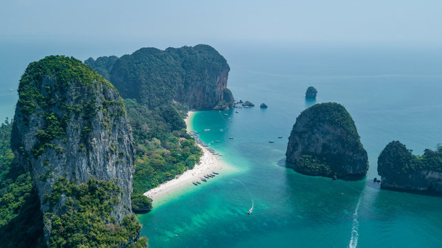 Railay beach in Krabi, Aerial view of Railay beach and coastline in Krabi province, Thailand.
