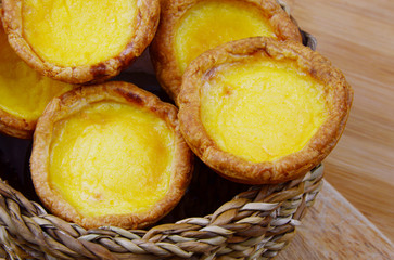 Egg tart in basket on wooden background