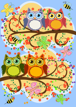 A family of bright, cartoon, cute, colorful owls on a flowering tree branch, parents, children, chicks