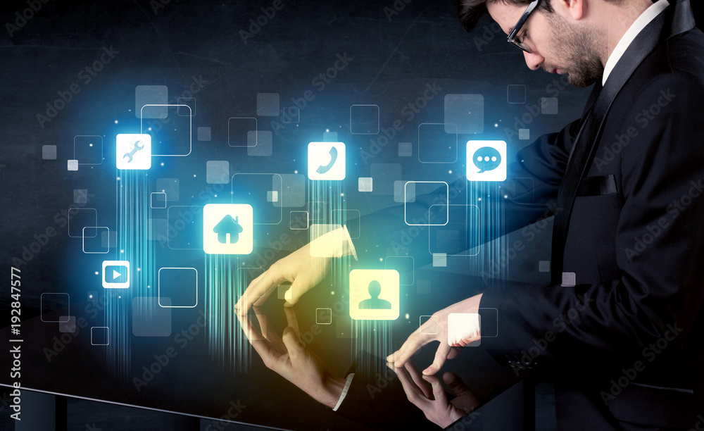 Poster Modern smart table with high tech icons on its interface screen