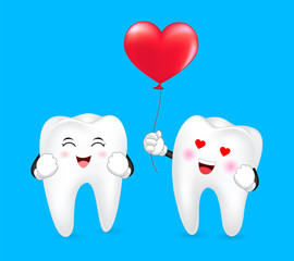 Tooth character with red heart balloon. Couple in love,  Happy Valentine's day concept. Illustration on blue background.