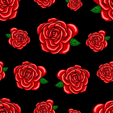 Red roses seamless pattern.  Vector illustration isolated on black background. Happy Valentine's day.