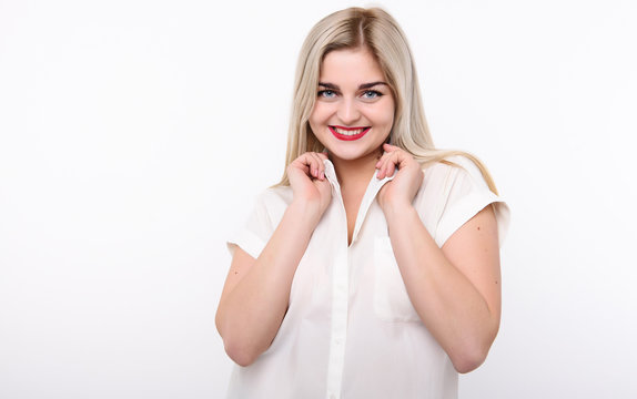 Close up of a Blonde Plus size woman, a model on white background smile