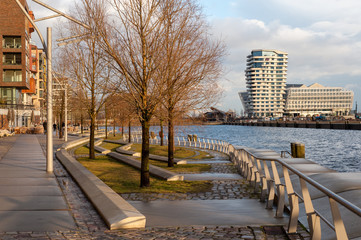 View from the Dalmannkai stages at Grasbrookhaven and Marco Polo terraces at daylight.