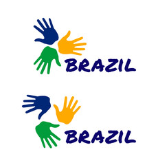 Colorful three hand print icon using Brazil flag colors. Vector illustration.