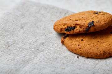 Chocolate chips cookies isolated on light background, macro, close-up, shallow depth of field, selective focus