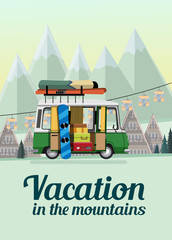 Vacation in the mountains. Weekend in the mountains. Car ride on vacation in the mountains. Flat style. Flat design. Vector illustration Eps10 file