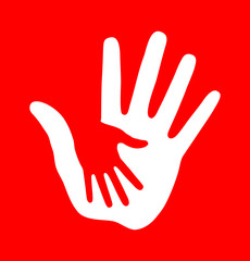 Caring hand on red background. Vector illustration.