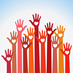 Fototapeta premium Warm colors colorful caring up hands hearts vector logo. Volunteers heart hands up vector emblem. Vector hands icon illustration. Education, Health Care, Medical, Volunteer, Vote Design Element. 