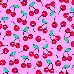 Sweet red ripe cute cherries seamless pattern. Vector design for textile, wrapping, wallpapers, etc.  Pink background.