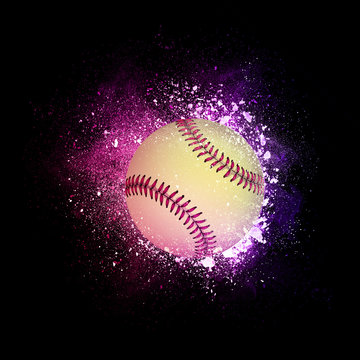 Fastball Ball flying in violet particles isolated on black background. Sport competition concept for fastball tournament poster, placard, card or banner.