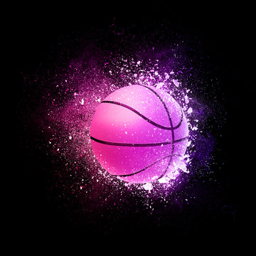 Basketball Ball flying in violet particles isolated on black background. Sport competition concept for basketball tournament poster, placard, card or banner.