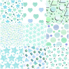 Set of 9 mint-colored sweet seamless patterns in pastel colors. Collection of vector backgrounds with abstract elements: hearts, stars, circles, squares, etc. White backgrounds. 