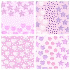 Set of 4 abstract seamless patterns with circles, stars, hearts, squares. Vector illustration backgrounds.