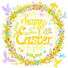Happy Easter - circle with flowers and birds