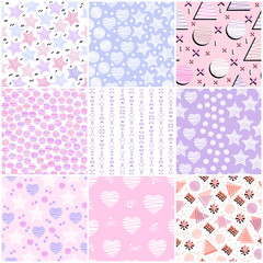 Set of 9 sweet romantic seamless patterns in pastel colors. Collection of vector backgrounds with abstract elements: hearts, stars, circles, squares, etc.