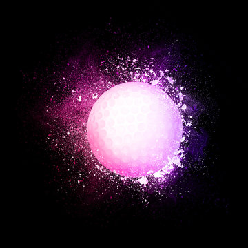 Golf Ball flying in violet particles isolated on black background. Sport competition concept for golf tournament poster, placard, card or banner.
