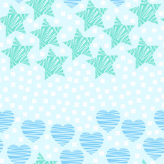 Hearts and stars valentine’s day seamless pattern. Hand drawn doodle elements vector illustration for textile, wrapping, wallpapers, etc.  Mint green background.