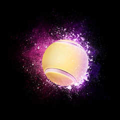 Tennis Ball flying in violet particles isolated on black background. Sport competition concept for tennis tournament poster, placard, card or banner.