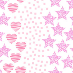 Pink hearts and stars valentine&rsquo;s day seamless pattern. Hand drawn doodle elements vector illustration for textile, wrapping, wallpapers, etc.  White background.