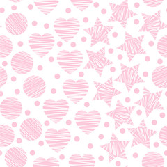 Pale-pink simple seamless geometric pattern with stars, circles, hearts on white background. Vector illustration for home and fashion design, nursery, bed linen, apparel, underwear, etc.