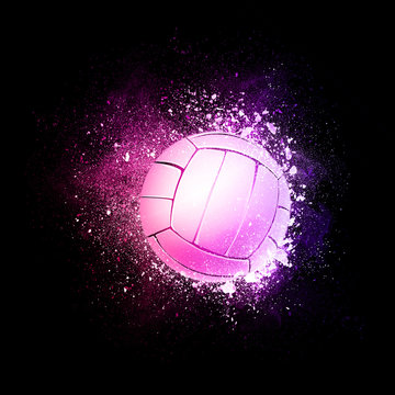 Volleyball Ball flying in violet particles isolated on black background. Sport competition concept for volleyball tournament poster, placard, card or banner.