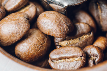 Coffee beans in a coffee grinder