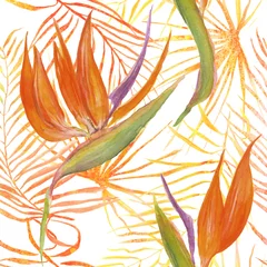 Abwaschbare Fototapete Paradies tropische Blume Nahtloses Muster aus tropischen Blättern und Blumen
