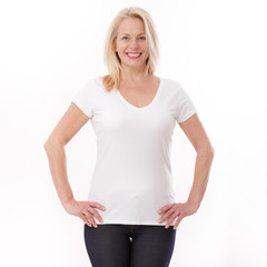 T-shirt design and people concept - close up of woman in blank white t-shirt, shirt front isolated. Mock up.