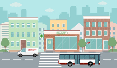 Plakat City life illustration with house facades, road and other urban details. Flat style, vector. 