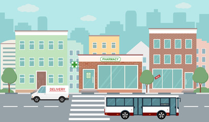 City life illustration with house facades, road and other urban details. Flat style, vector. 
