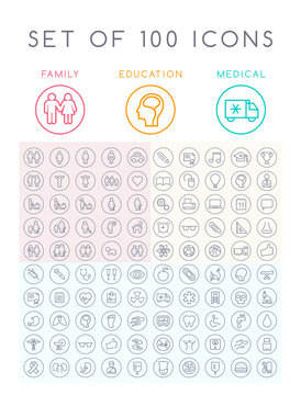 Set of 100 Universal Minimal Black Stroke Icons on Circular Buttons ( Education School Family People and Medical )